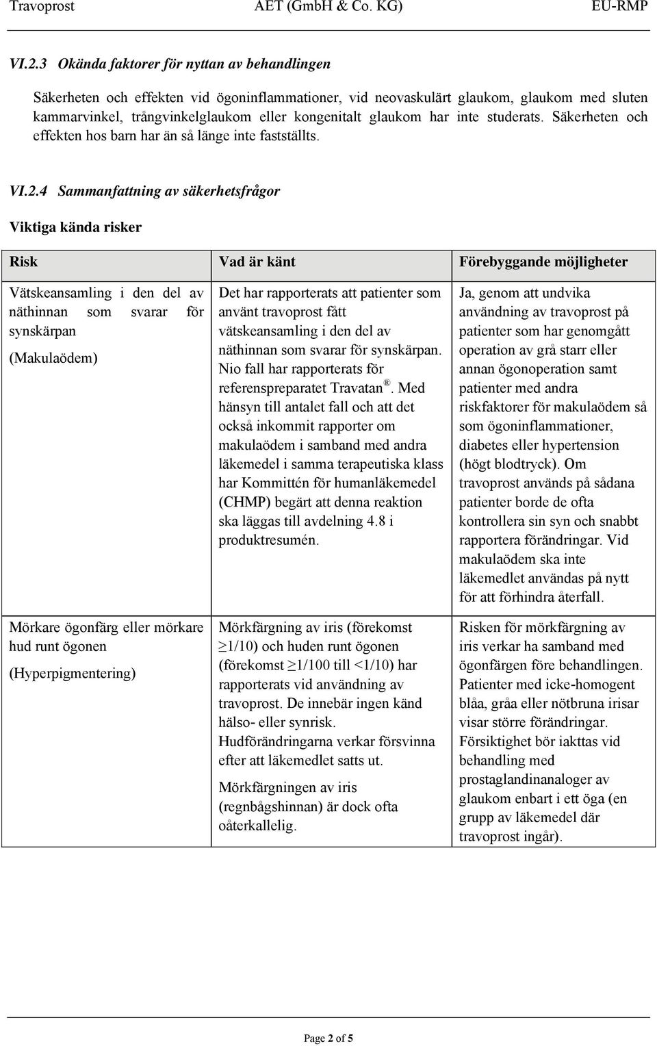 4 Sammanfattning av säkerhetsfrågor Viktiga kända risker Risk Vad är känt Förebyggande möjligheter Vätskeansamling i den del av näthinnan som svarar för synskärpan (Makulaödem) Mörkare ögonfärg eller