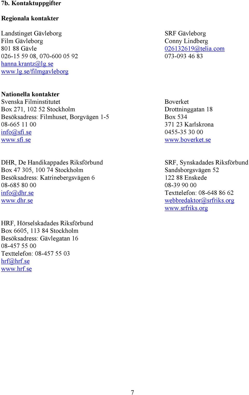 se/filmgavleborg Nationella kontakter Svenska Filminstitutet Boverket Box 271, 102 52 Stockholm Drottninggatan 18 Besöksadress: Filmhuset, Borgvägen 1-5 Box 534 08-665 11 00 371 23 Karlskrona