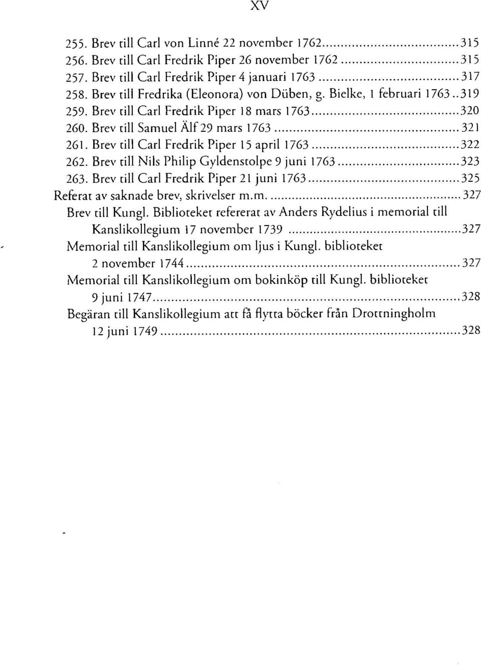 Brev till Carl Fredrik Piper 15 april 1763 322 262. Brev till Nils Philip Gyldenstolpe 9 juni 1763 323 263. Brev till Carl Fredrik Piper 21 juni 1763 325 Referat av saknade brev, skrivelser m.