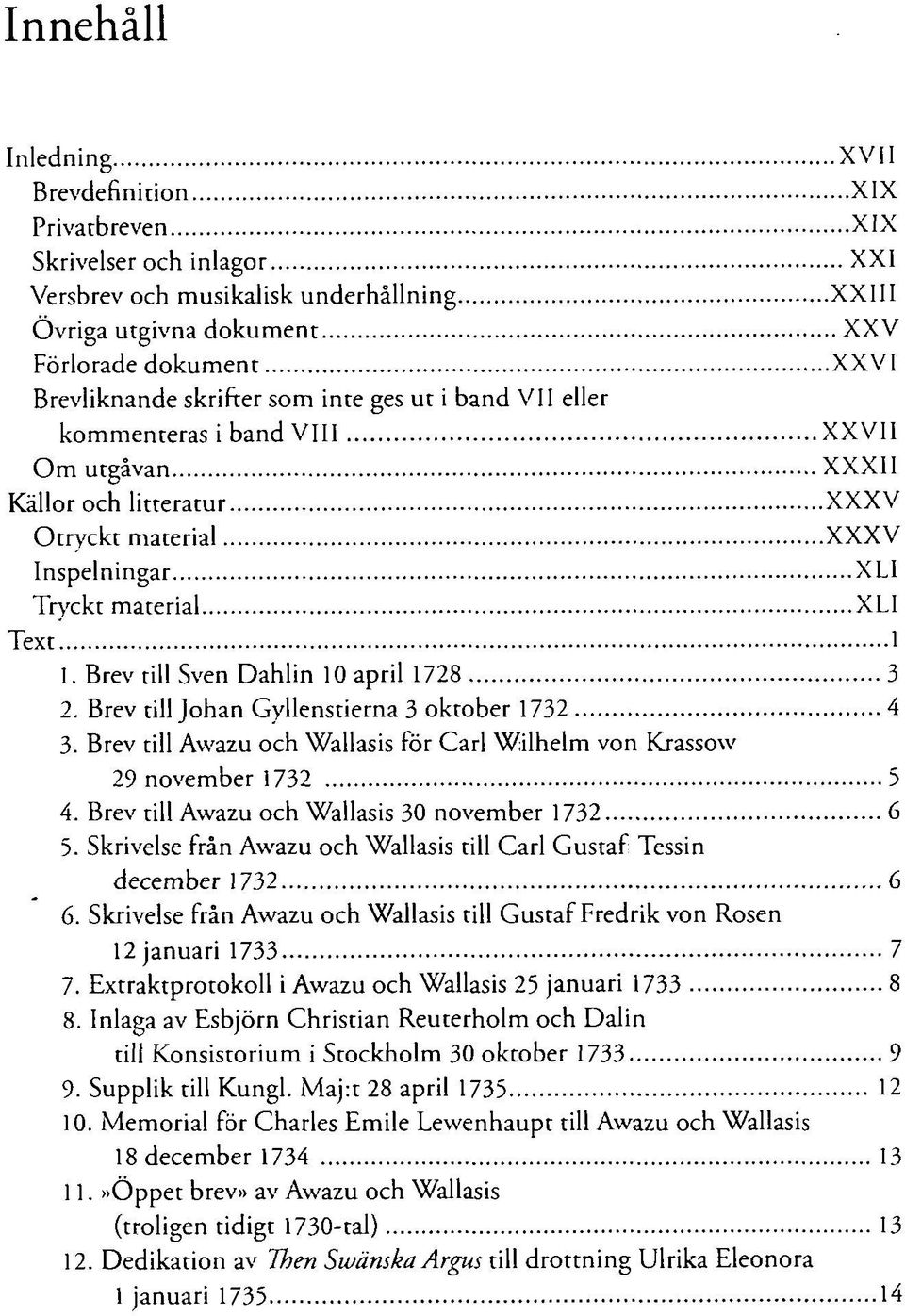 Brev till Sven Dahlin 10 april 1728 3 2. Brev till Johan Gyllenstierna 3 oktober 1732 4 3. Brev till Avvazu och Wallasis för Carl Wilhelm von Krassovv XLI XLI 29 november 1732 5 4.