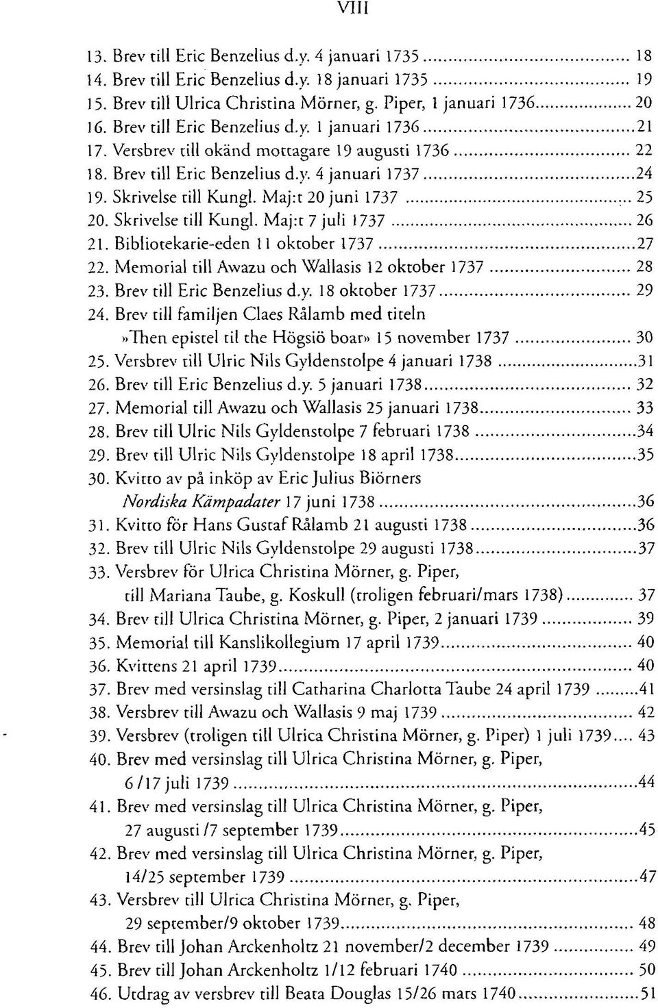 . 25 20. Skrivelse till Kungl. Maj:t 7 juli 1737 26 21. Bibliotekarie-eden 11 oktober 1737 27 22. Memorial till Awazu och Wallasis 12 oktober 1737 28 23. Brev till Eric Benzelius d.y.