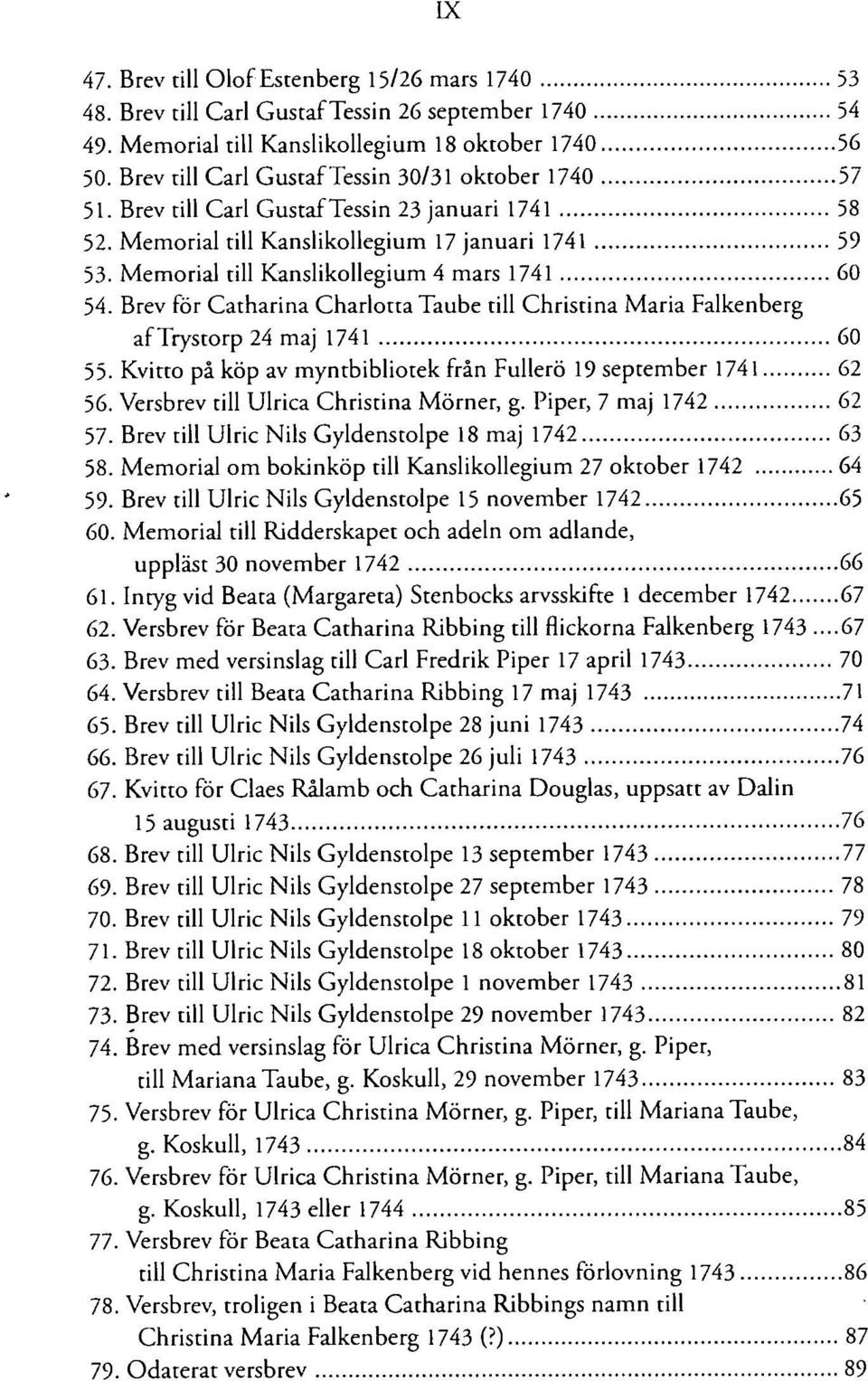 Memorial till Kanslikollegium 4 mars 1741 60 54. Brev för Catharina Charlotta Taube till Christina Maria Falkenberg aftrystorp 24 maj 1741 60 55.