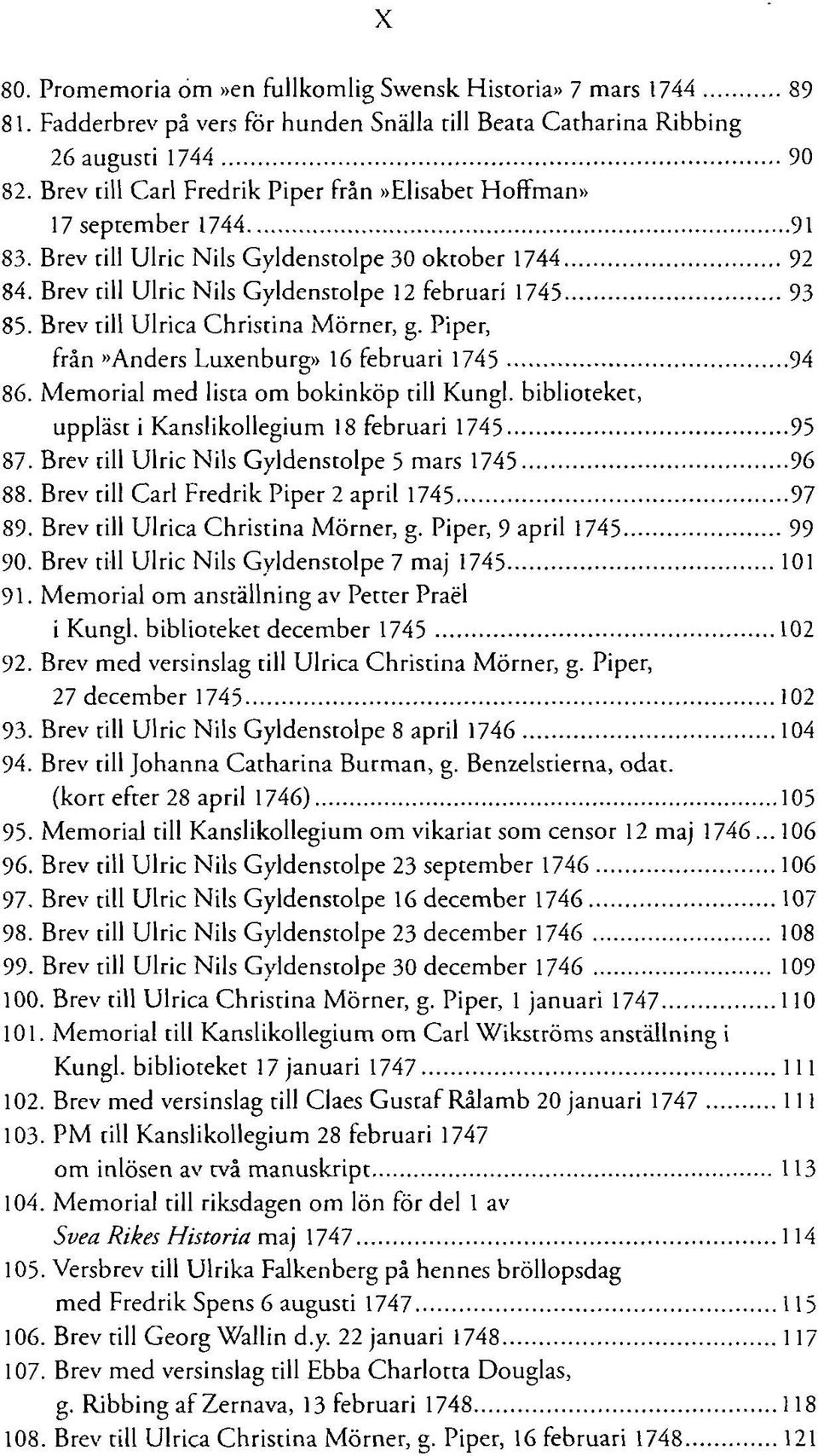 Brev till Ulrica Christina Mörner, g. Piper, från»anders Luxenburg» 16 februari 1745 94 86. Memorial med lista om bokinköp till Kungl. biblioteket, uppläst i Kanslikollegium 18 februari 1745 95 87.