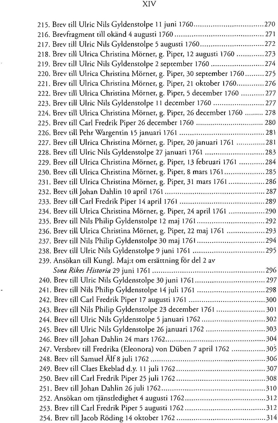 Piper, 30 september 1760 275 221. Brev till Ulrica Christina Mörner, g. Piper, 21 oktober 1760 276 222. Brev till Ulrica Christina Mörner, g. Piper, 5 december 1760 277 223.