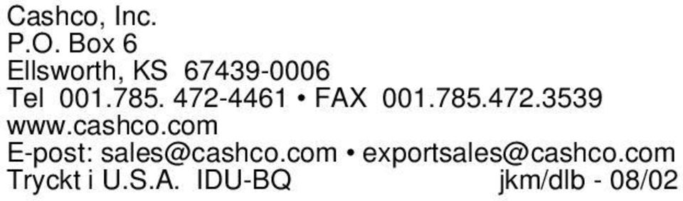 472-4461 FAX 001.785.472.3539 www.cashco.