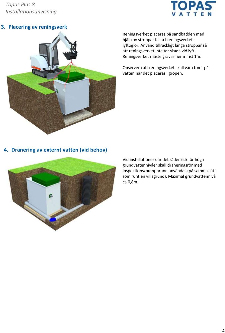 Observera att reningsverket skall vara tomt på vatten när det placeras i gropen. 4.