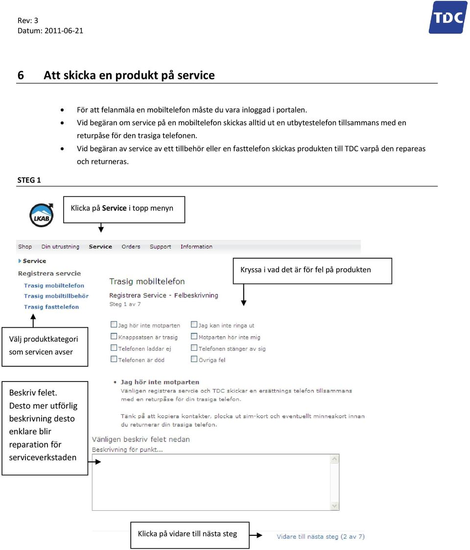 Vid begäran av service av ett tillbehör eller en fasttelefon skickas produkten till TDC varpå den repareas och returneras.