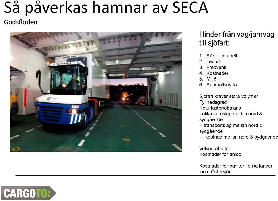 Samhällsnytta Sjöfart kräver stora volymer Fyllnadsgrad Returlaster/obalans - olika varuslag mellan nord