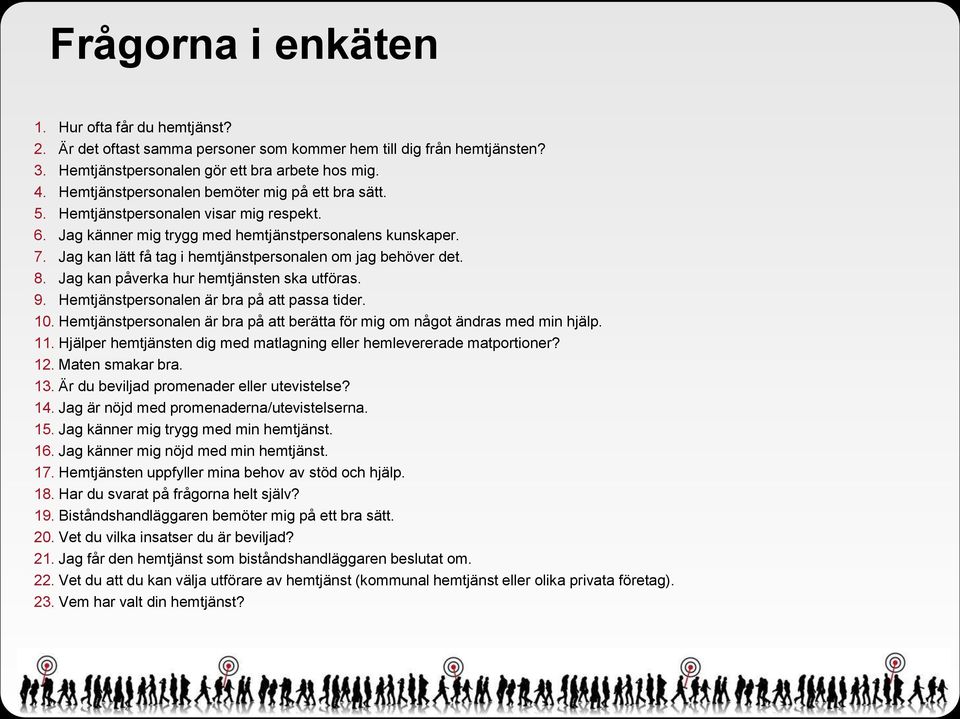 . Jag kan lätt få tag i hemtjänstpersonalen om jag behöver det.. Jag kan påverka hur hemtjänsten ska utföras.. Hemtjänstpersonalen är bra på att passa tider.