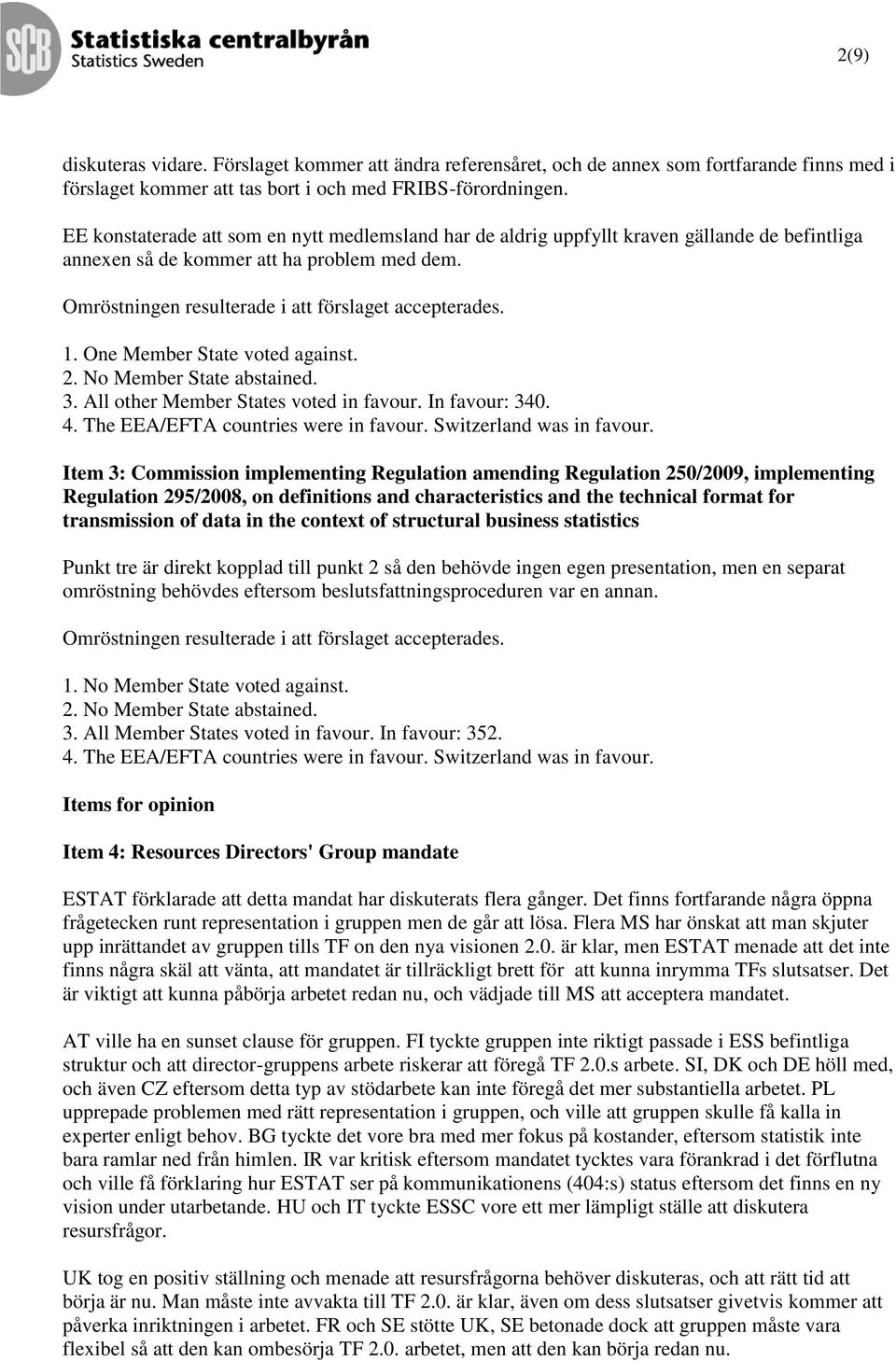 One Member State voted against. 2. No Member State abstained. 3. All other Member States voted in favour. In favour: 340. 4. The EEA/EFTA countries were in favour. Switzerland was in favour.