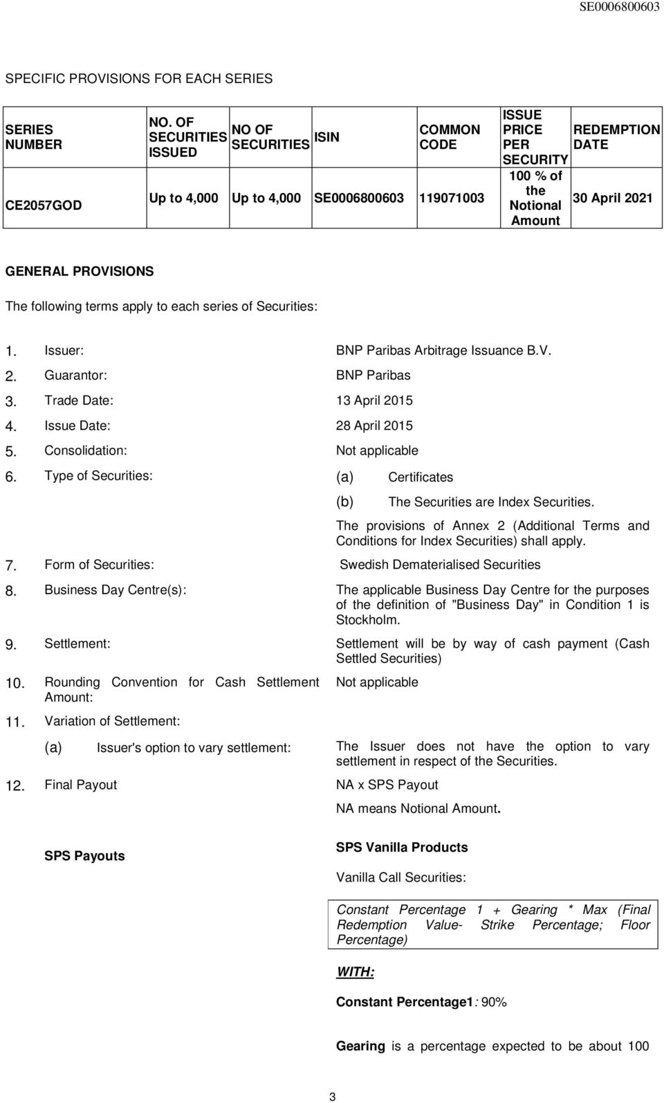 PROVISIONS The following terms apply to each series of Securities: 1. Issuer: BNP Paribas Arbitrage Issuance B.V. 2. Guarantor: BNP Paribas 3. Trade Date: 13 April 2015 4. Issue Date: 28 April 2015 5.