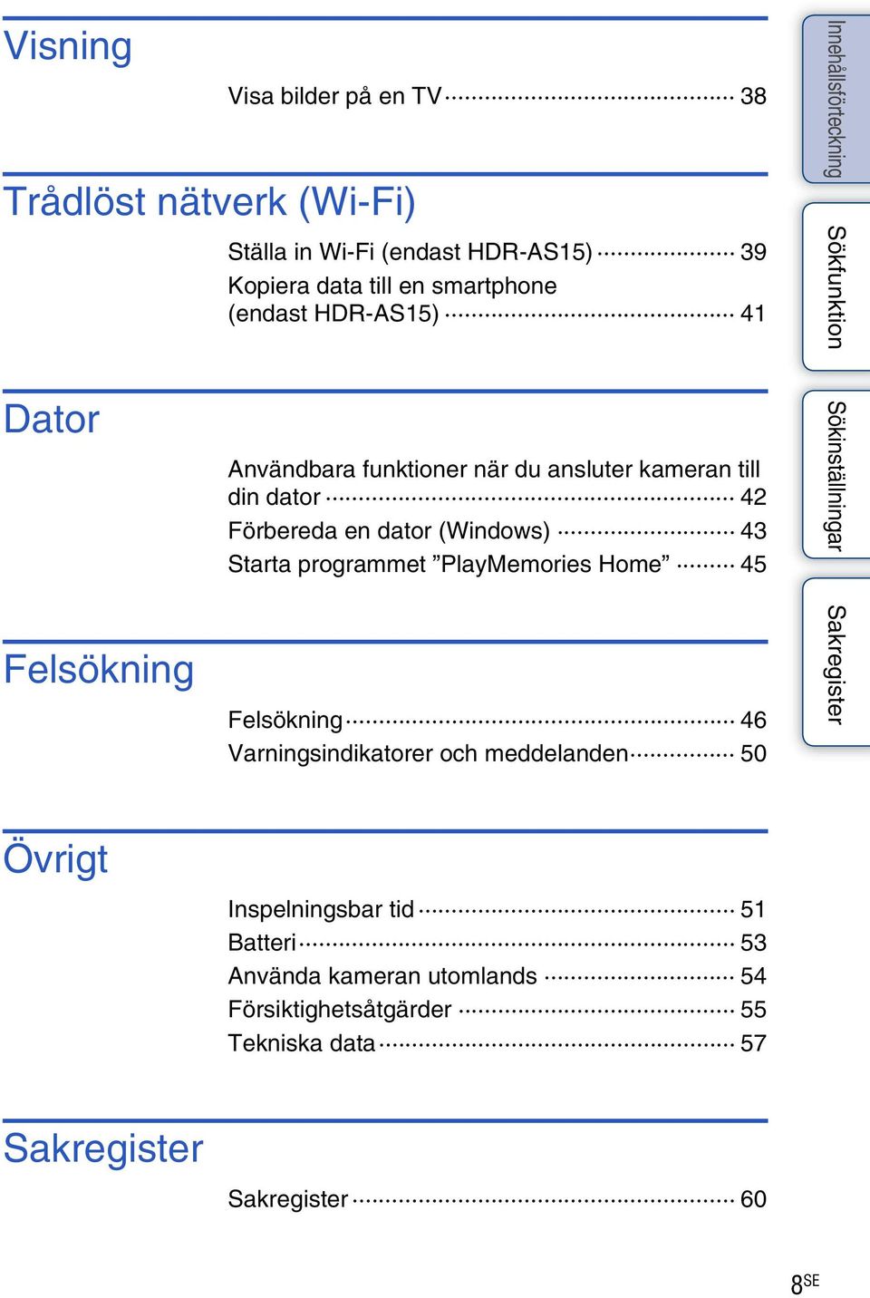 (Windows) 43 Starta programmet PlayMemories Home 45 Felsökning 46 Varningsindikatorer och meddelanden 50 Övrigt
