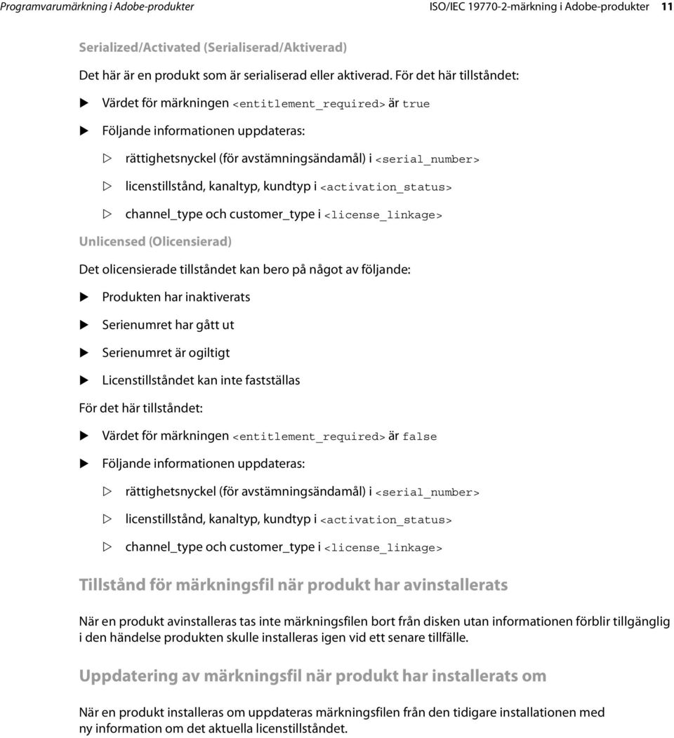 kundtyp i <activation_status> channel_type och customer_type i <license_linkage> Unlicensed (Olicensierad) Det olicensierade tillståndet kan bero på något av följande: Produkten har inaktiverats