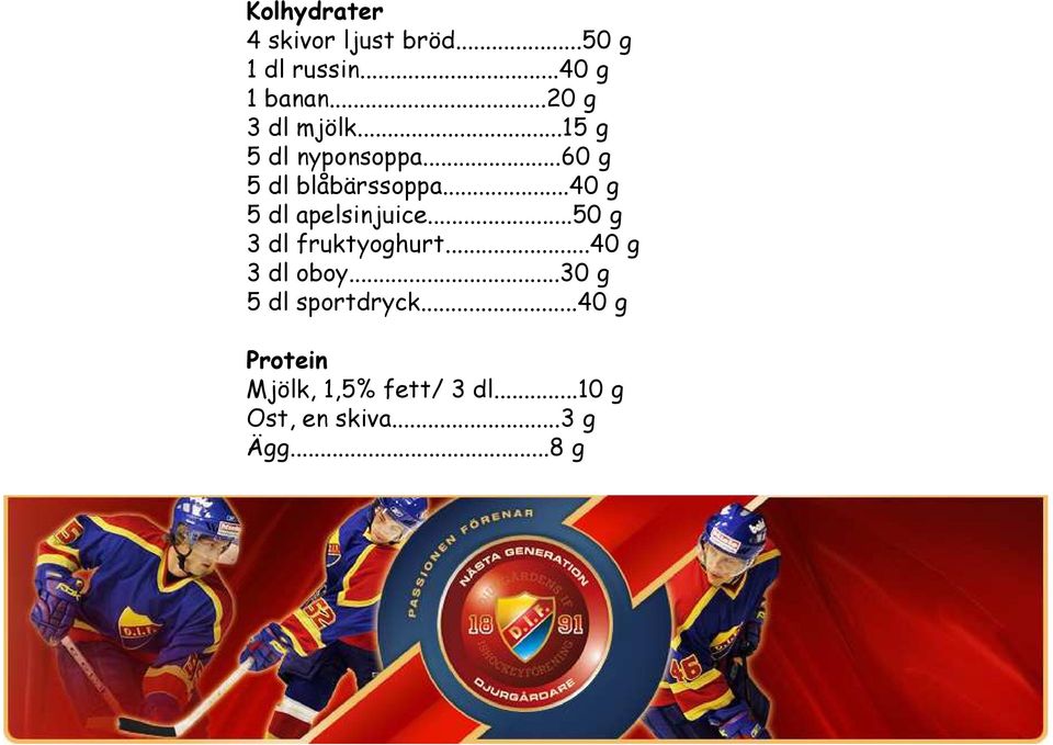 ..40 g 5 dl apelsinjuice...50 g 3 dl fruktyoghurt...40 g 3 dl oboy.