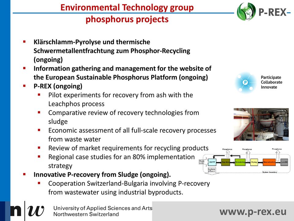 review of recovery technologies from sludge Economic assessment of all full-scale recovery processes from waste water Review of market requirements for recycling products Regional