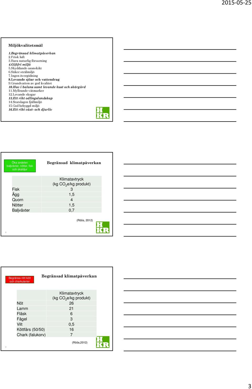 Ett rikt växt- och djurliv Öka andelen baljväxter, nötter, fisk och skaldjur Begränsad klimatpåverkan Klimatavtryck (kg CO 2 e/kg produkt) Fisk 3 Ägg 1,5 Quorn 4 Nötter 1,5 Baljväxter 0,7 (Röös,
