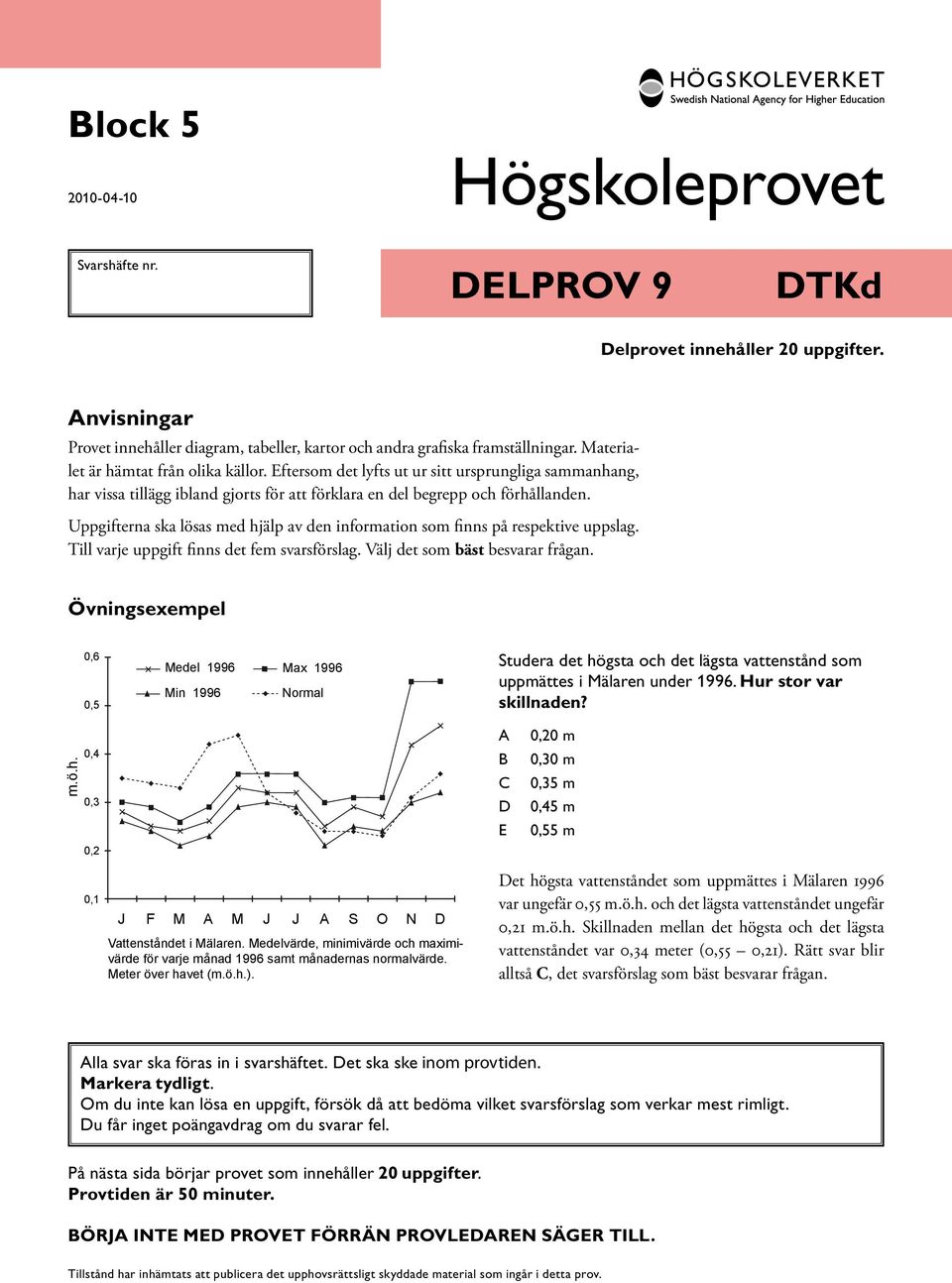 Uppgifterna ska lösas med hjälp av den information som finns på respektive uppslag. Till varje uppgift finns det fem svarsförslag. Välj det som bäst besvarar frågan.