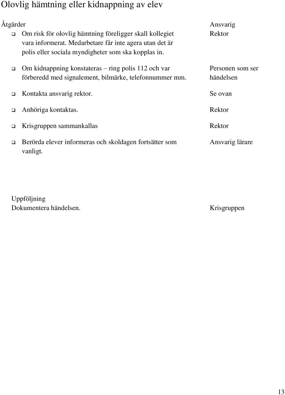 Om kidnappning konstateras ring polis 112 och var Personen som ser förberedd med signalement, bilmärke, telefonnummer mm.