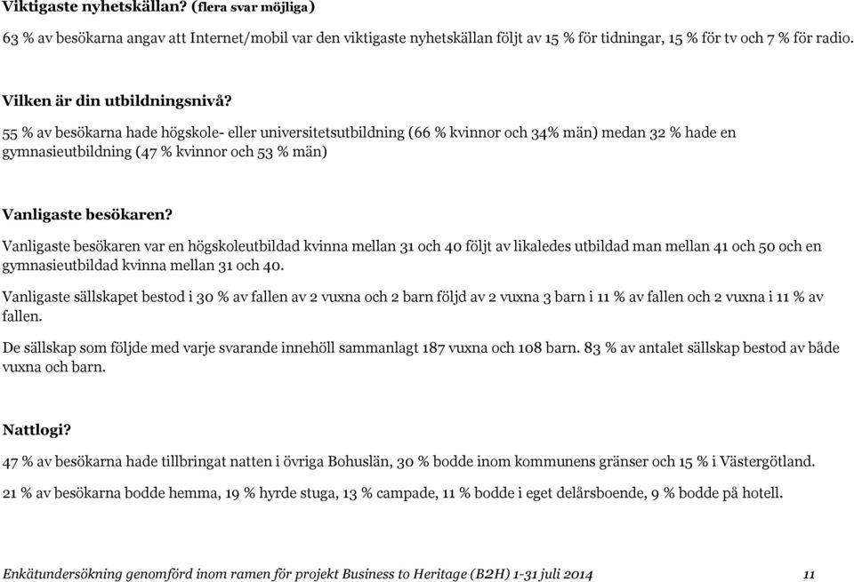 55 % av besökarna hade högskole- eller universitetsutbildning (66 % kvinnor och 34% män) medan 32 % hade en gymnasieutbildning (47 % kvinnor och 53 % män) Vanligaste besökaren?