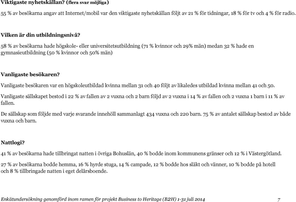 58 % av besökarna hade högskole- eller universitetsutbildning (71 % kvinnor och 29% män) medan 32 % hade en gymnasieutbildning (50 % kvinnor och 50% män) Vanligaste besökaren?