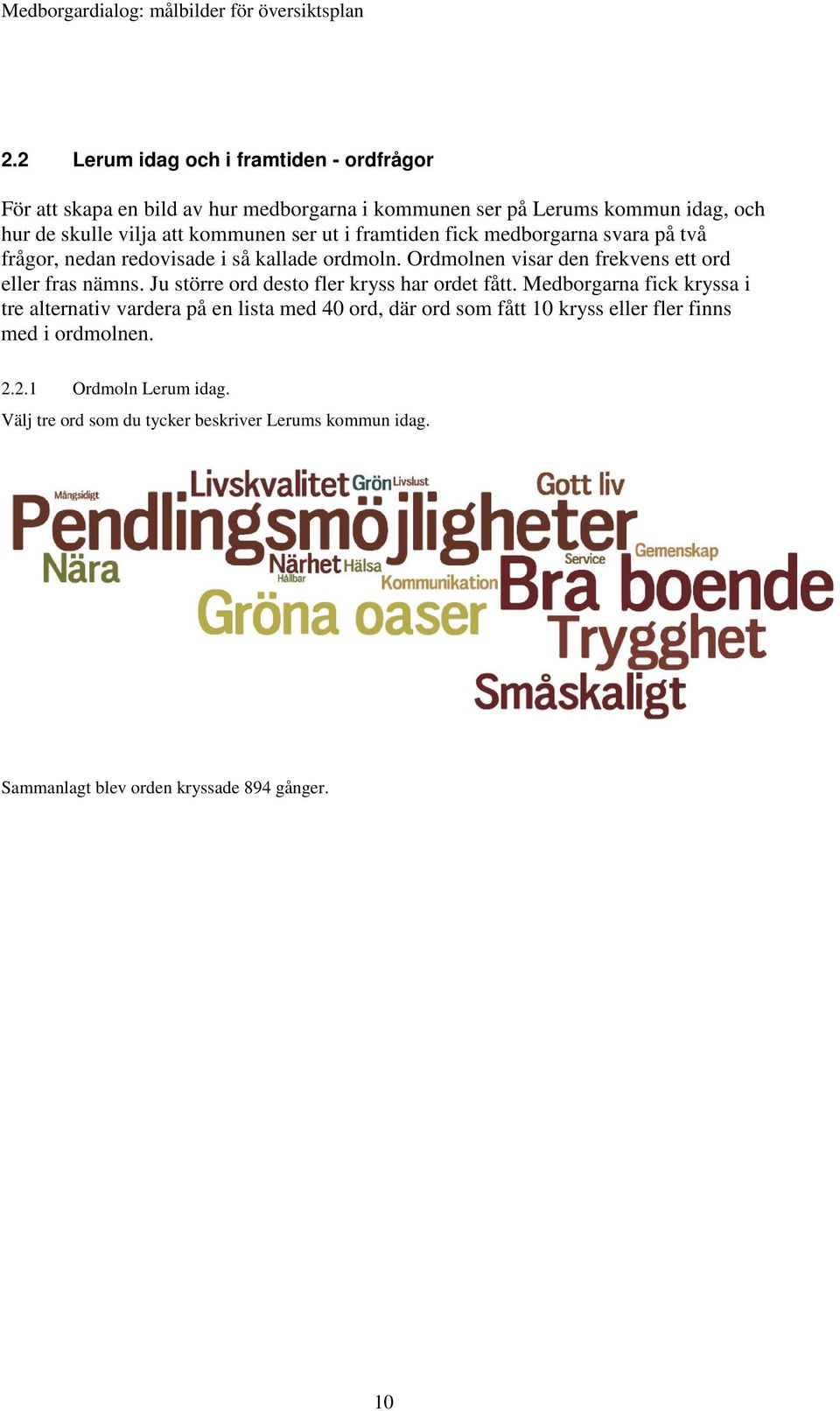 Ordmolnen visar den frekvens ett ord eller fras nämns. Ju större ord desto fler kryss har ordet fått.