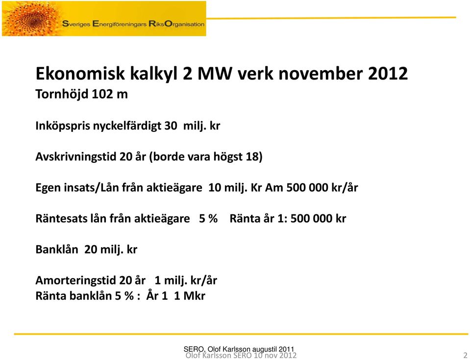 Kr Am 500 000 kr/år Räntesats lån från aktieägare 5 % Ränta år 1: 500 000 kr Banklån 20 milj.