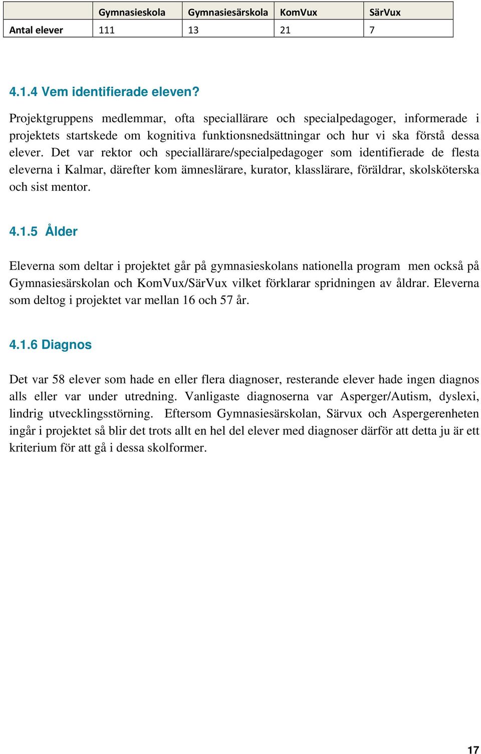 Det var rektor och speciallärare/specialpedagoger som identifierade de flesta eleverna i Kalmar, därefter kom ämneslärare, kurator, klasslärare, föräldrar, skolsköterska och sist mentor. 4.1.