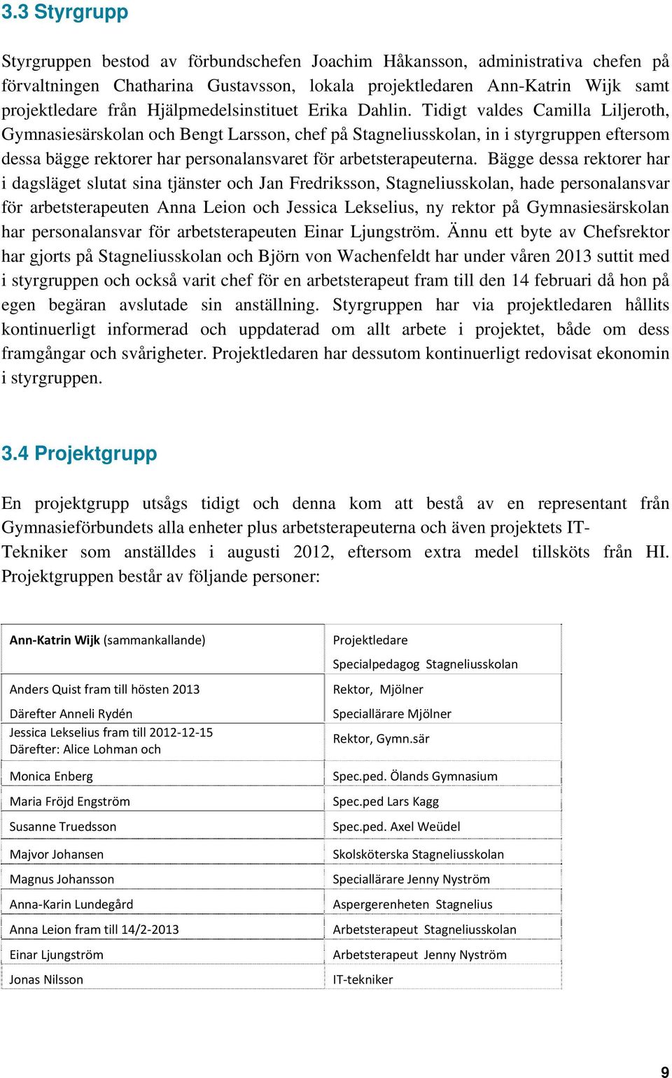 Tidigt valdes Camilla Liljeroth, Gymnasiesärskolan och Bengt Larsson, chef på Stagneliusskolan, in i styrgruppen eftersom dessa bägge rektorer har personalansvaret för arbetsterapeuterna.