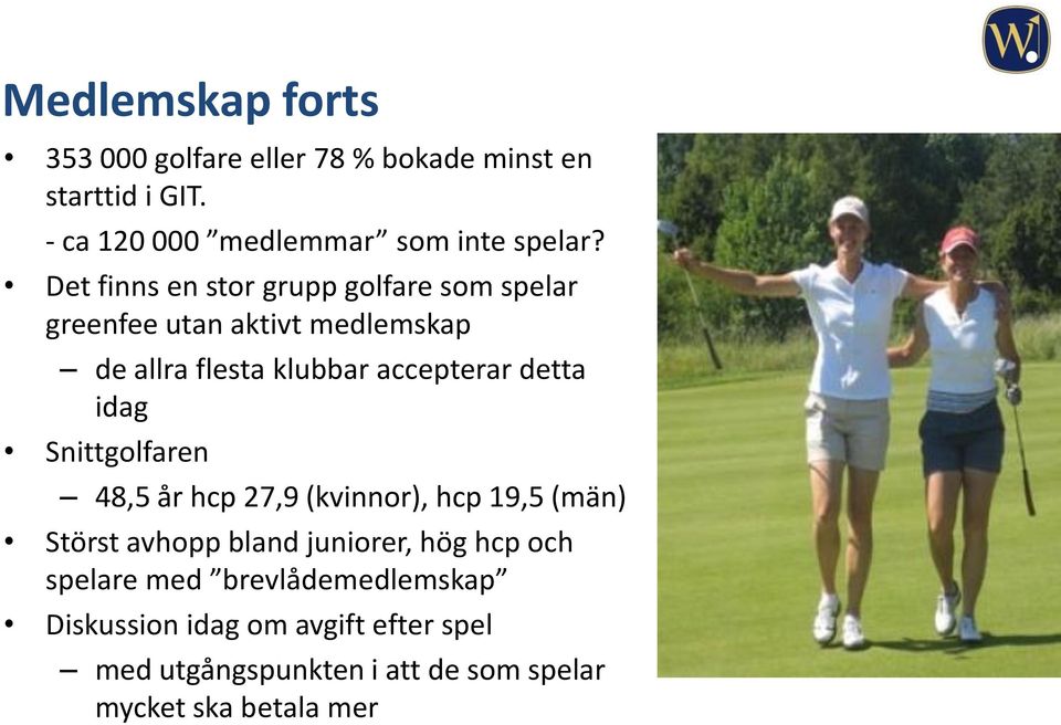 idag Snittgolfaren 48,5 år hcp 27,9 (kvinnor), hcp 19,5 (män) Störst avhopp bland juniorer, hög hcp och spelare med