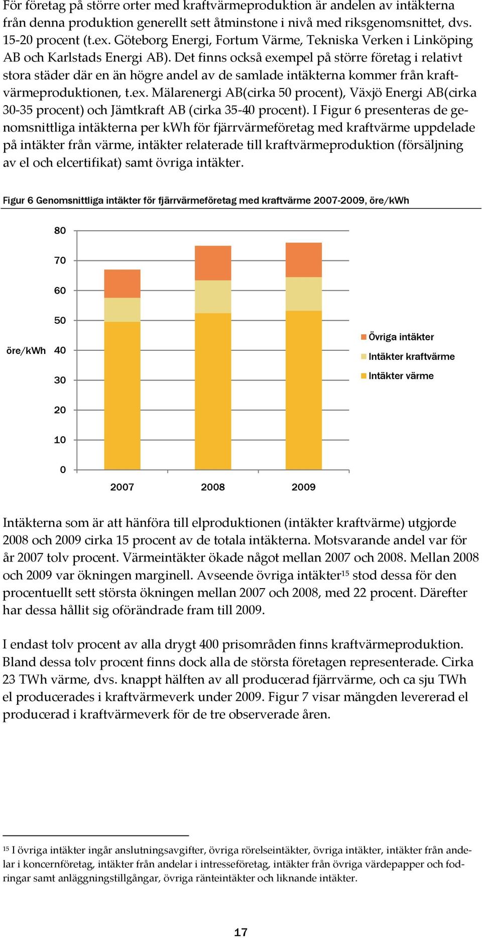 Det finns också exempel på större företag i relativt stora städer där en än högre andel av de samlade intäkterna kommer från kraftvärmeproduktionen, t.ex. Mälarenergi AB(cirka 50 procent), Växjö Energi AB(cirka 30-35 procent) och Jämtkraft AB (cirka 35-40 procent).