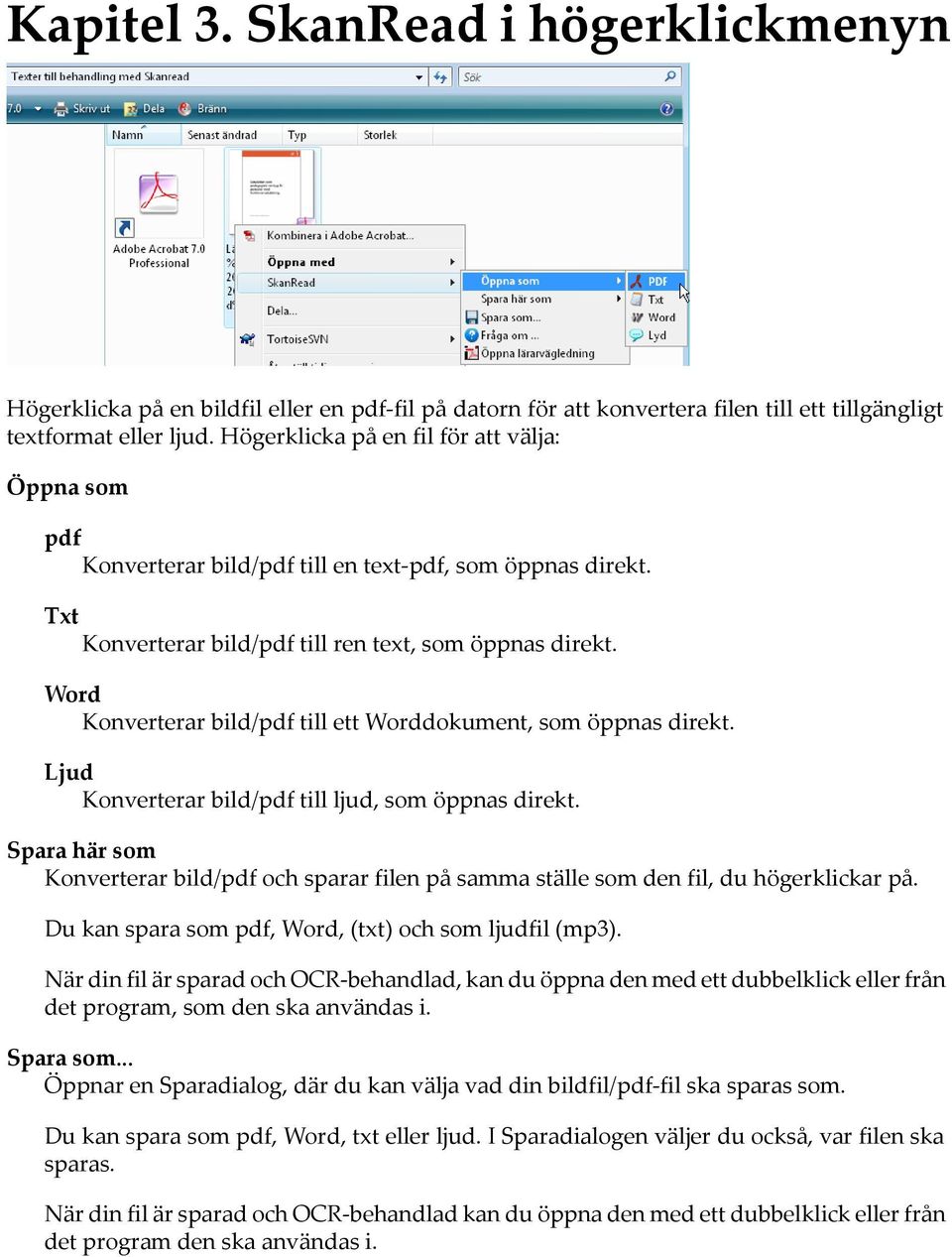 Word Konverterar bild/pdf till ett Worddokument, som öppnas direkt. Ljud Konverterar bild/pdf till ljud, som öppnas direkt.