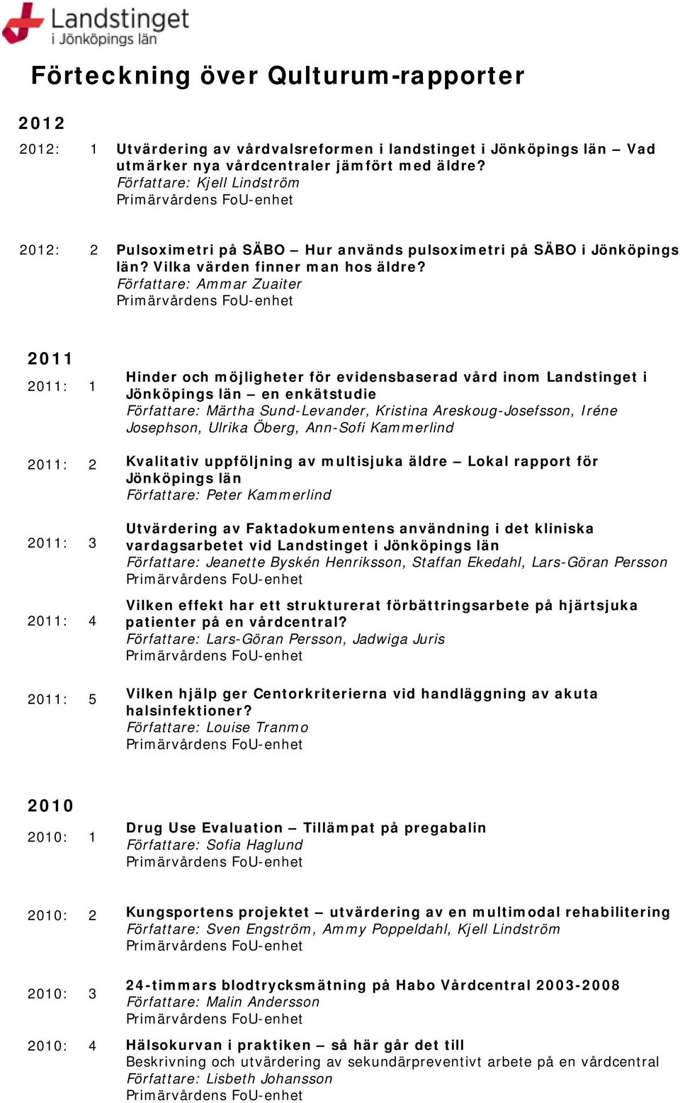 Författare: Ammar Zuaiter 2011 2011: 1 2011: 2 2011: 3 2011: 4 2011: 5 Hinder och möjligheter för evidensbaserad vård inom Landstinget i Jönköpings län en enkätstudie Författare: Märtha