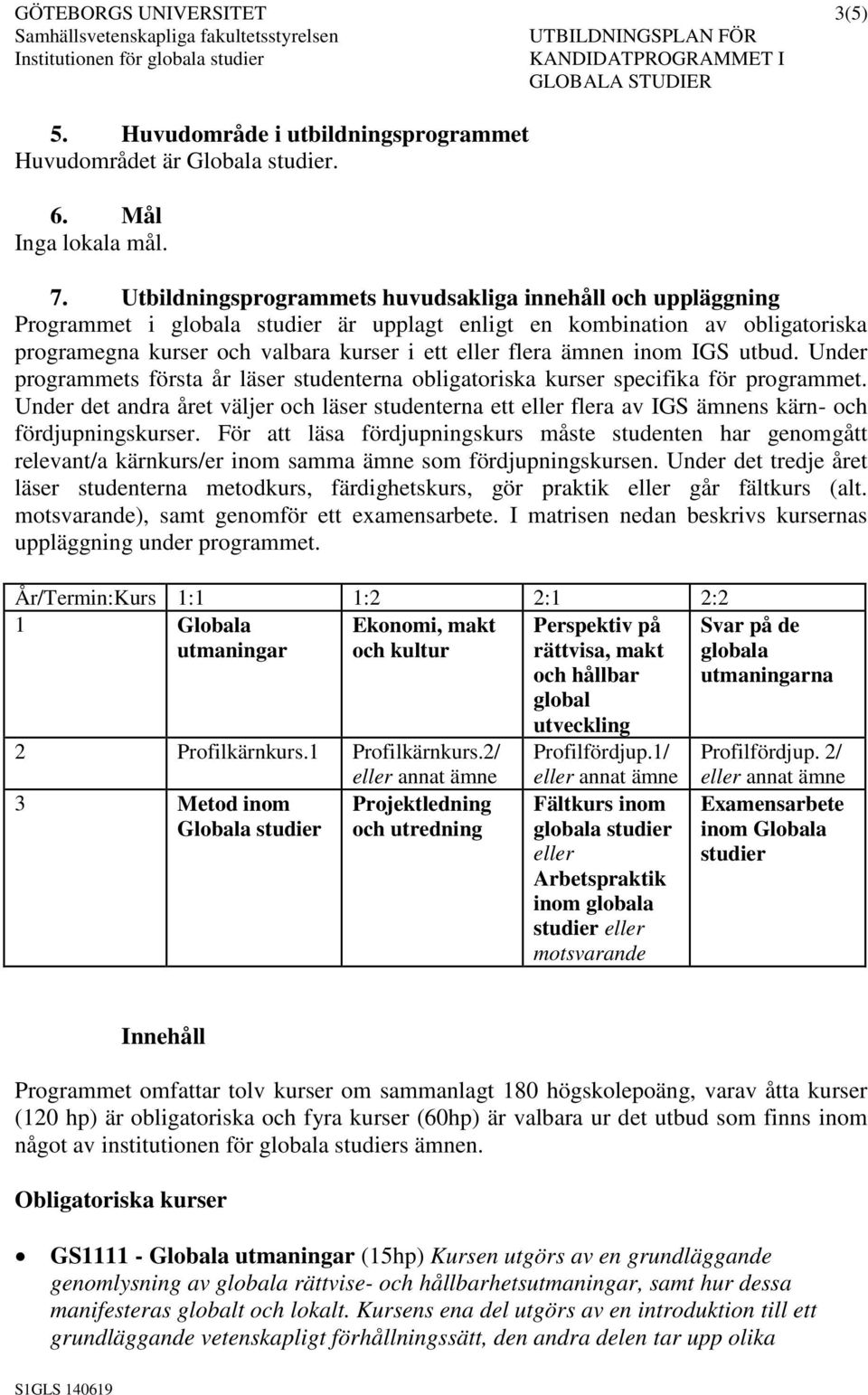 ämnen inom IGS utbud. Under programmets första år läser studenterna obligatoriska kurser specifika för programmet.