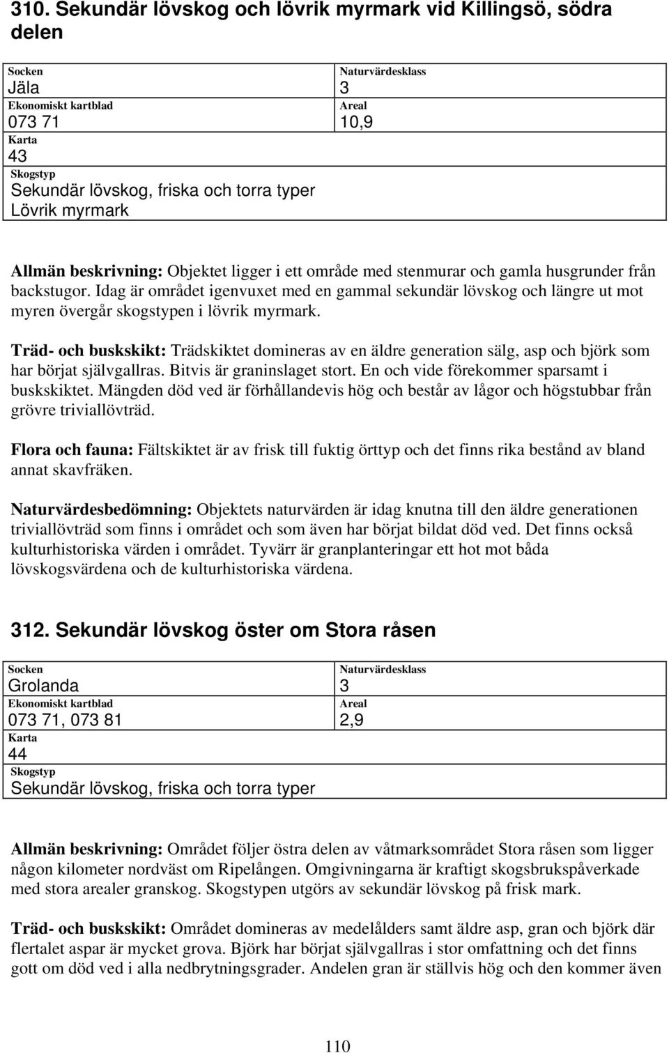 Träd- och buskskikt: Trädskiktet domineras av en äldre generation sälg, asp och björk som har börjat självgallras. Bitvis är graninslaget stort. En och vide förekommer sparsamt i buskskiktet.