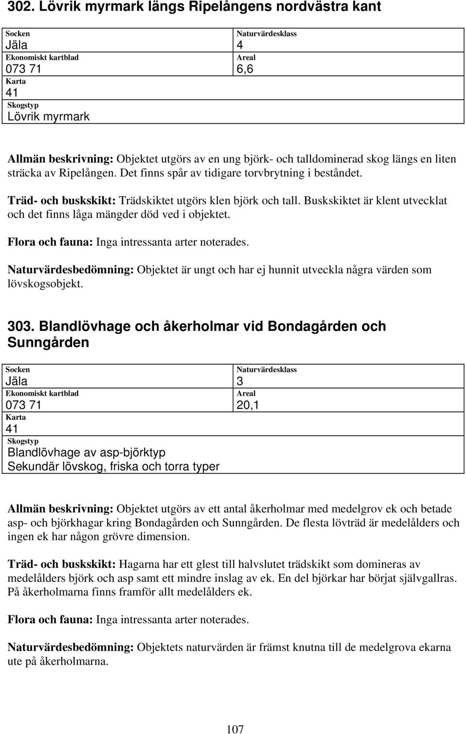 Buskskiktet är klent utvecklat och det finns låga mängder död ved i objektet. Naturvärdesbedömning: Objektet är ungt och har ej hunnit utveckla några värden som lövskogsobjekt. 303.