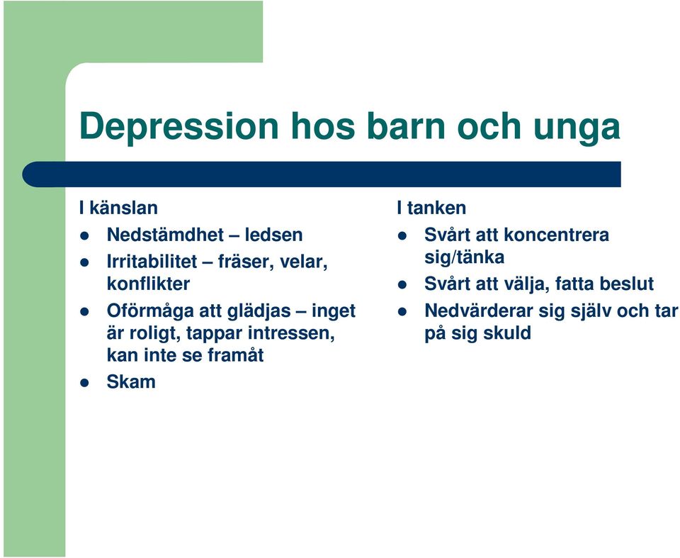 intressen, kan inte se framåt Skam I tanken Svårt att koncentrera