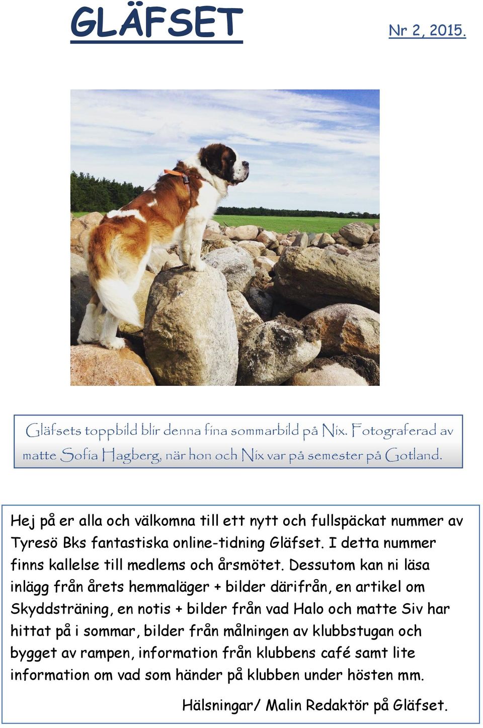 Dessutom kan ni läsa inlägg från årets hemmaläger + bilder därifrån, en artikel om Skyddsträning, en notis + bilder från vad Halo och matte Siv har hittat på i sommar,