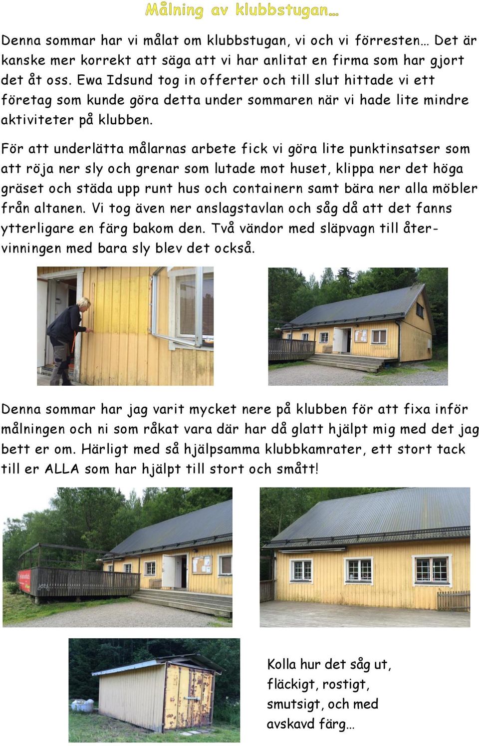 För att underlätta målarnas arbete fick vi göra lite punktinsatser som att röja ner sly och grenar som lutade mot huset, klippa ner det höga gräset och städa upp runt hus och containern samt bära ner