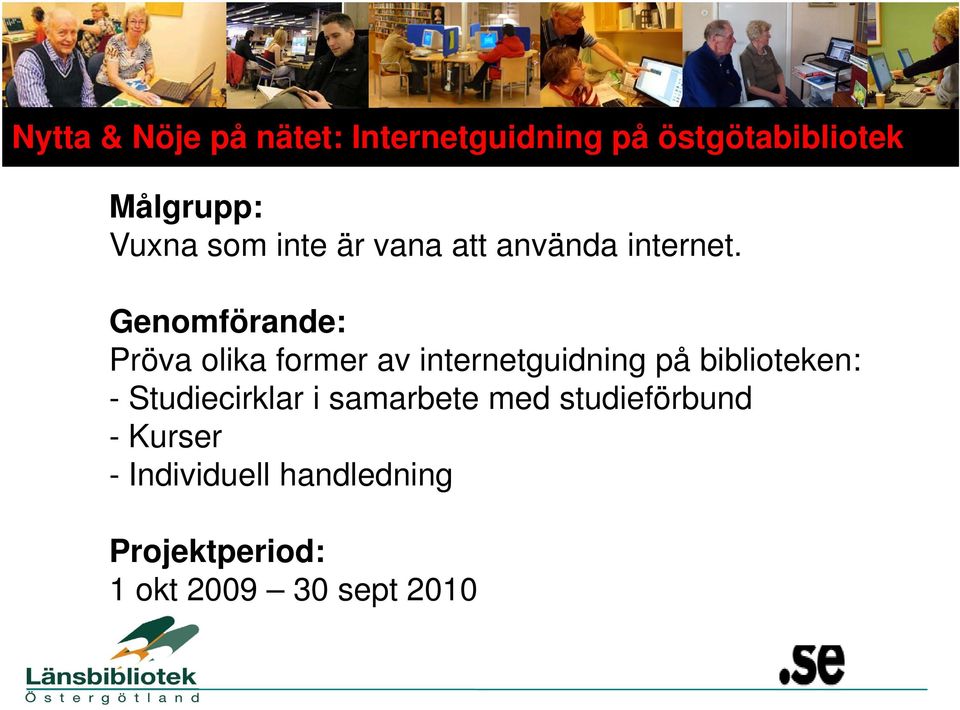 Genomförande: Pröva olika former av internetguidning på biblioteken: -