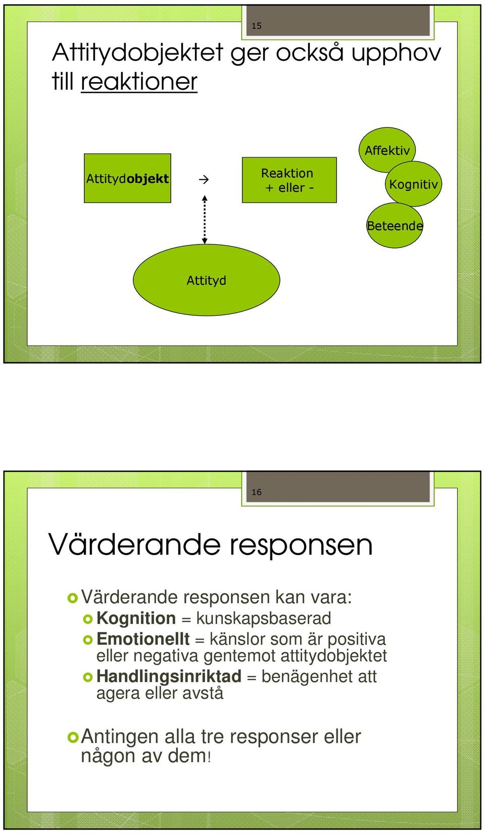 kunskapsbaserad Emotionellt = känslor som är positiva eller negativa gentemot attitydobjektet