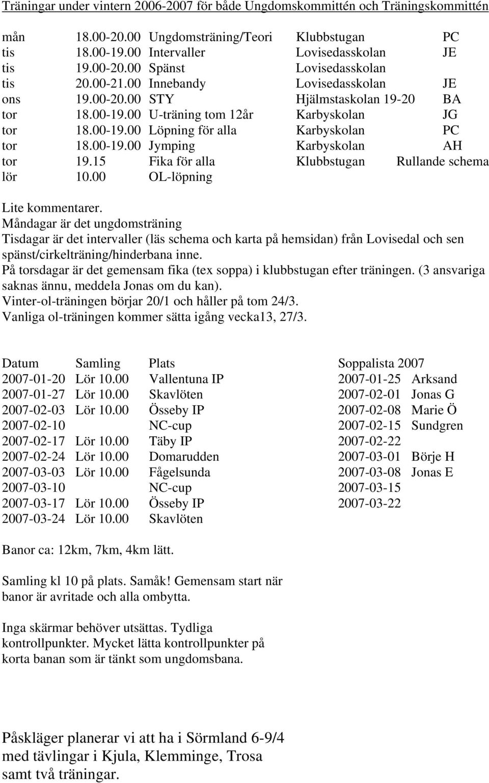 15 Fika för alla Klubbstugan Rullande schema lör 10.00 OL-löpning Lite kommentarer.