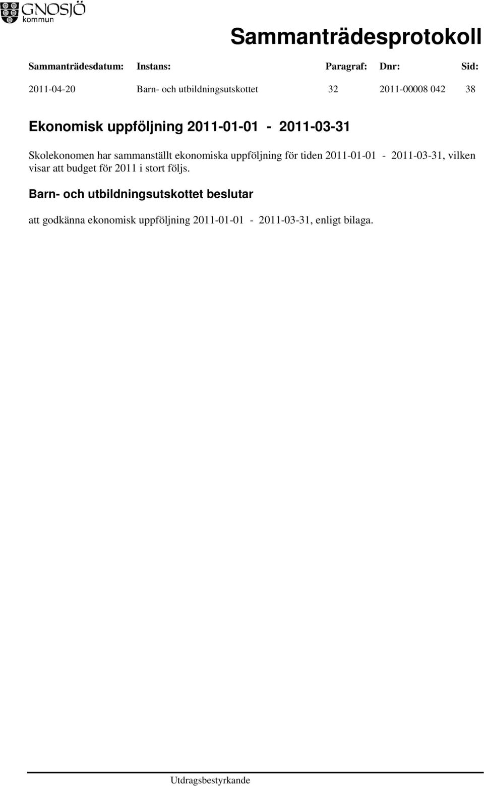 uppföljning för tiden 2011-01-01-2011-03-31, vilken visar att budget för 2011