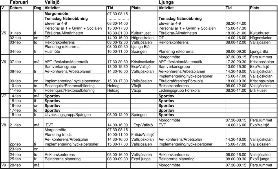 00-09.30 10.00-11.00 Ljunga Blå Spången Planering rektorerna 08.00-09.30 Ljunga Blå V6 07-feb må APT-förskolan/Matematik 17.30-20.30 Kristinaskolan APT-förskolan/Matematik 17.30-20.30 Kristinaskolan Samverkansgrupp 13.