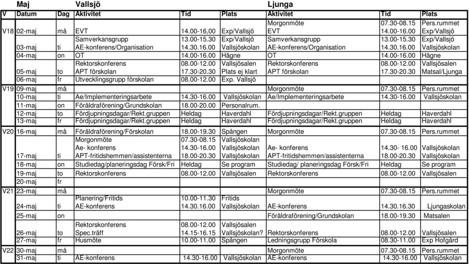 00-12.00 Exp. Vallsjö V19 09-maj må 10-maj ti Ae/Implementeringsarbete Vallsjöskolan Ae/Implementeringsarbete Vallsjöskolan 11-maj on Föräldraförening/Grundskolan 18.00-20.00 Personalrum.