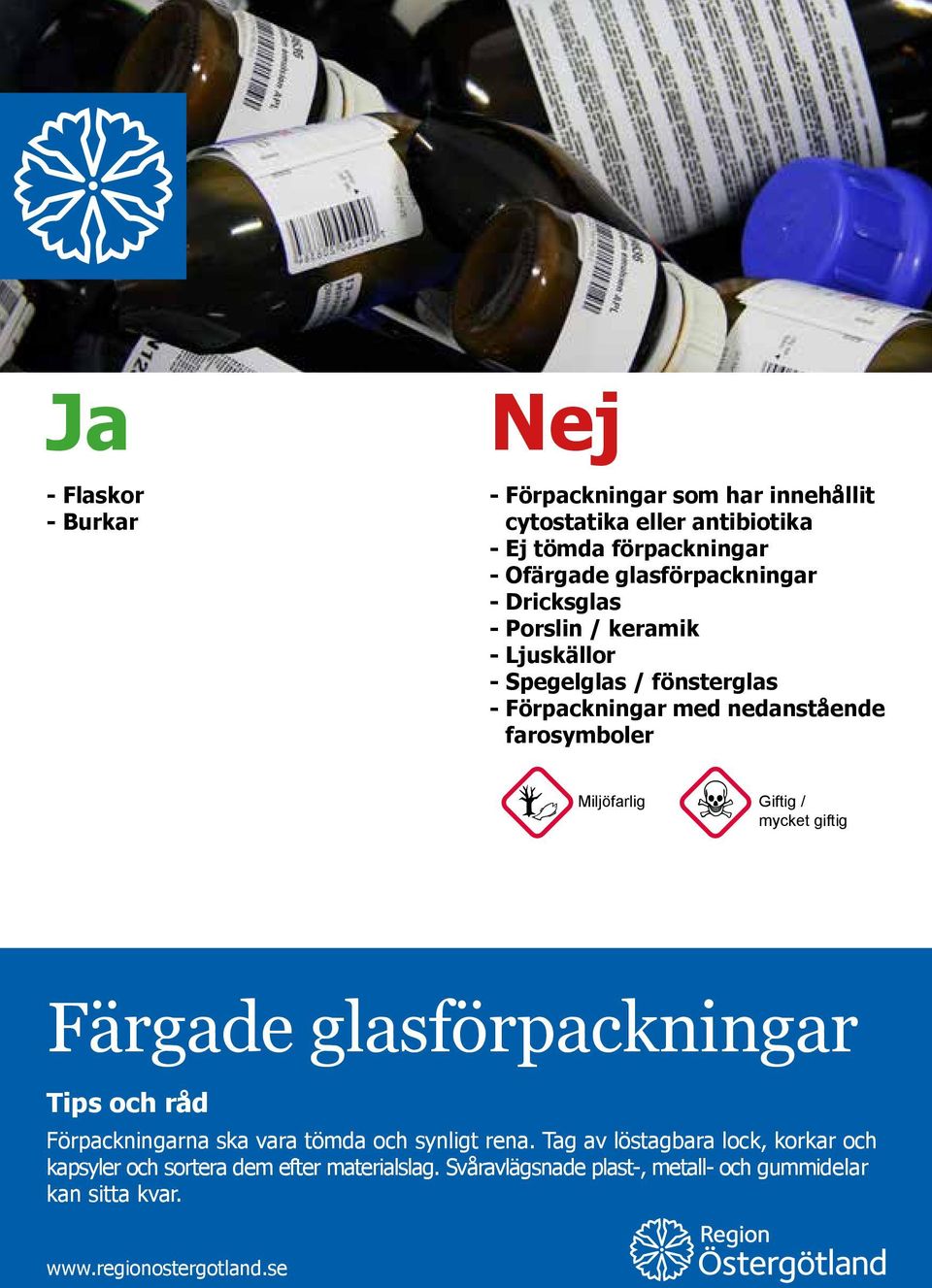 farosymboler Miljöfarlig Giftig / mycket giftig Färgade glasförpackningar Förpackningarna ska vara tömda och synligt rena.