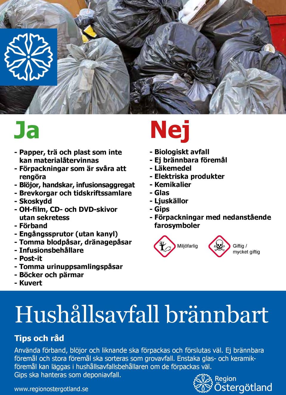 avfall - Ej brännbara föremål - Läkemedel - Elektriska produkter - Kemikalier - Glas - Ljuskällor - Gips - Förpackningar med nedanstående farosymboler Miljöfarlig Giftig / mycket giftig