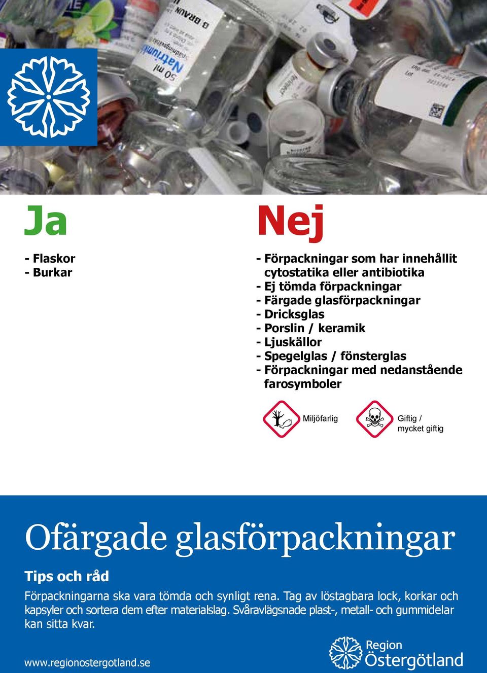 farosymboler Miljöfarlig Giftig / mycket giftig Ofärgade glasförpackningar Förpackningarna ska vara tömda och synligt rena.