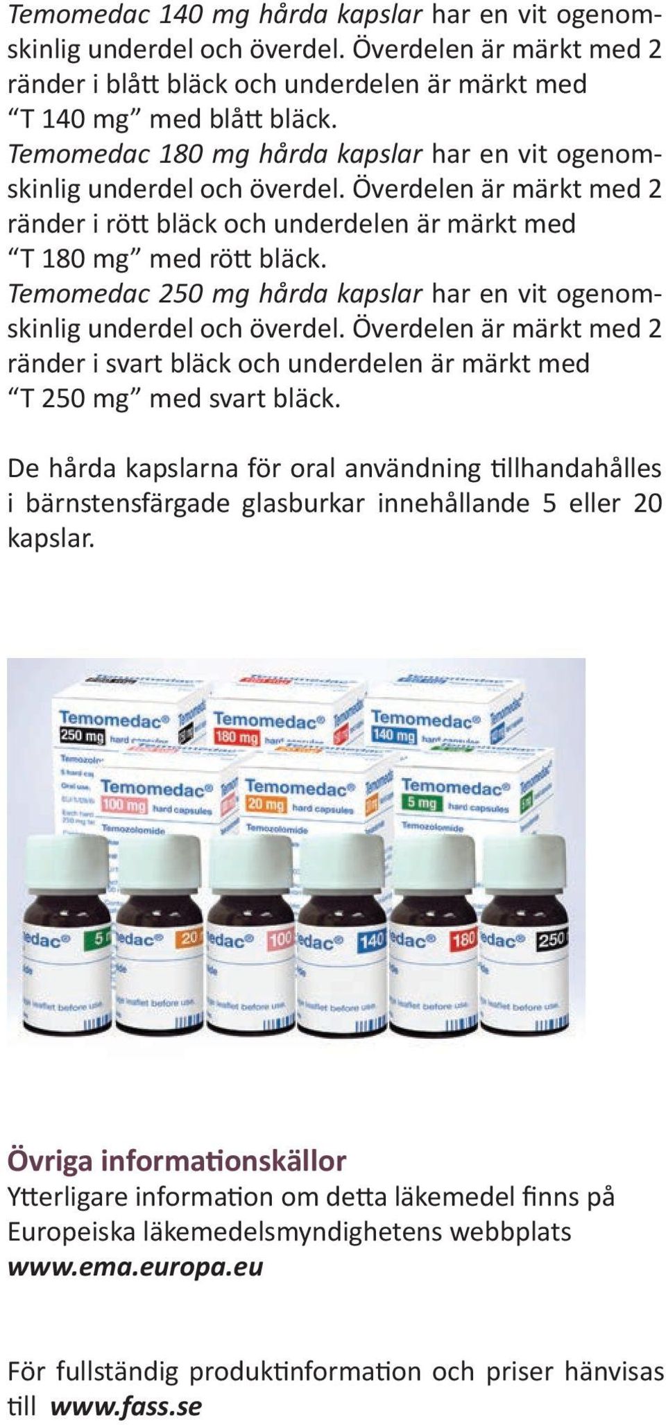 Temomedac 250 mg hårda kapslar har en vit ogenomskinlig underdel och överdel. Överdelen är märkt med 2 ränder i svart bläck och underdelen är märkt med T 250 mg med svart bläck.