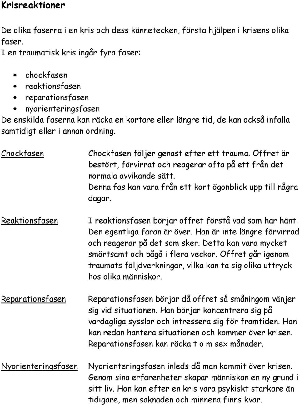 annan ordning. Chockfasen Reaktionsfasen Reparationsfasen Nyorienteringsfasen Chockfasen följer genast efter ett trauma.