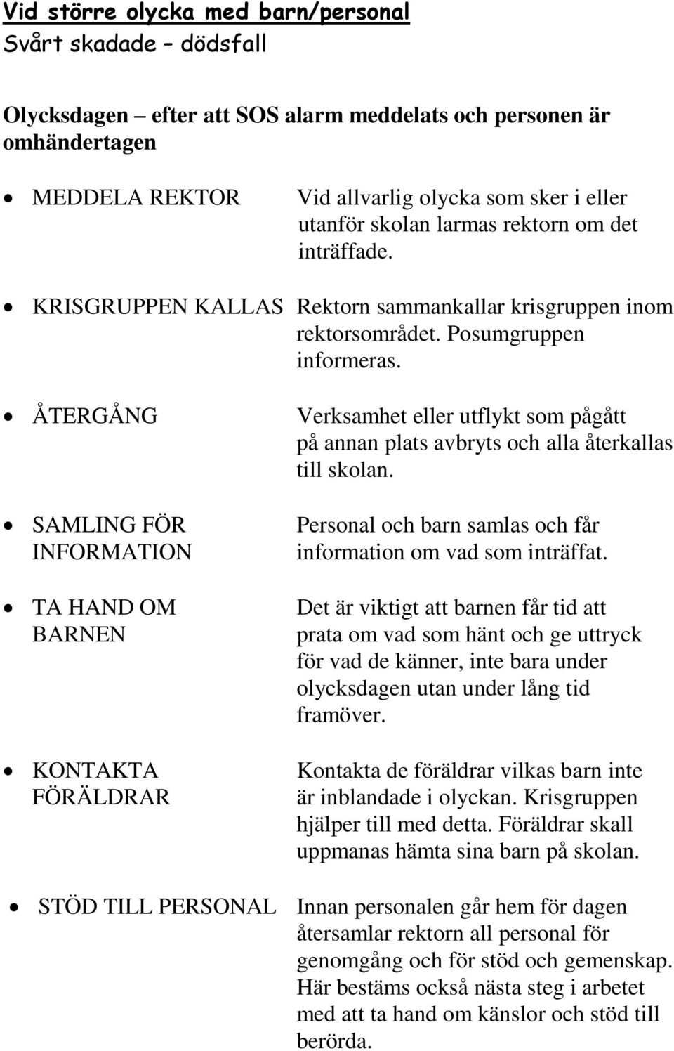 ÅTERGÅNG SAMLING FÖR INFORMATION TA HAND OM BARNEN KONTAKTA FÖRÄLDRAR Verksamhet eller utflykt som pågått på annan plats avbryts och alla återkallas till skolan.